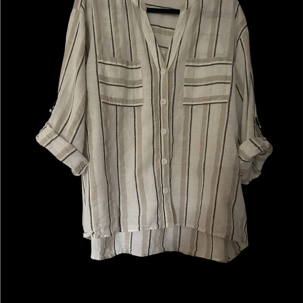 Vince Camuto Striped Button-Front Roll-Sleeve Women's Top - Cream/Black - Picture 3 of 5